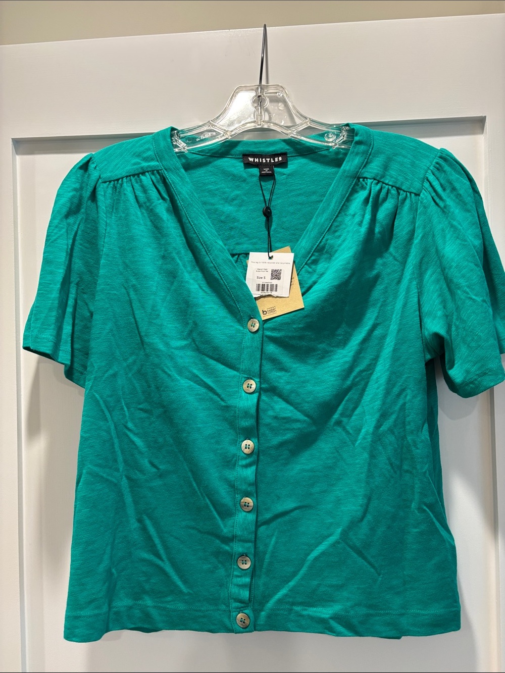 Whistles Teal Button-Front V-Neck Short Sleeve Top